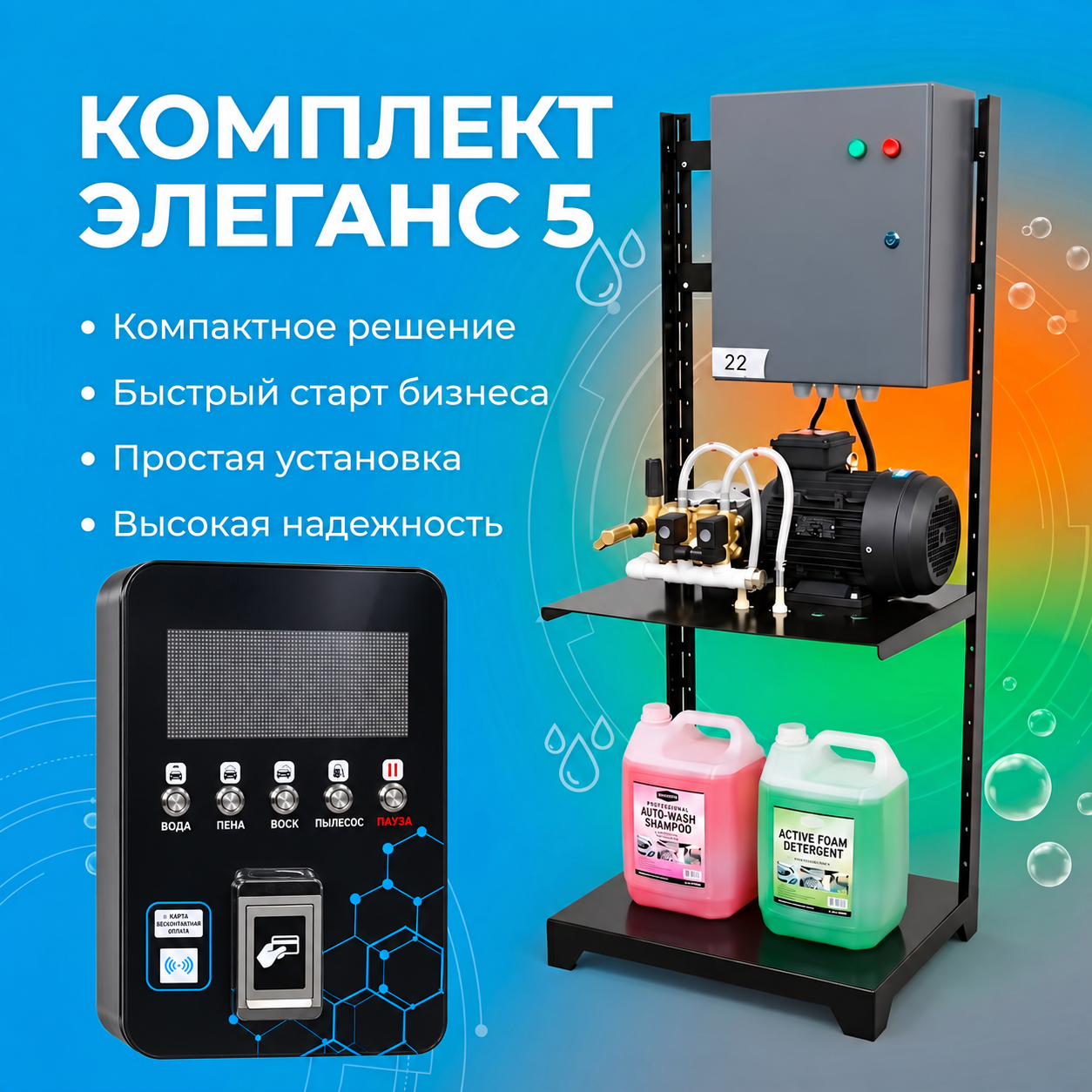 Комплект «Элеганс» PRO — пост мойки самообслуживания: терминал на пять программ с бесконтактной оплатой картой, рама с аппаратом высокого давления и электрощитком