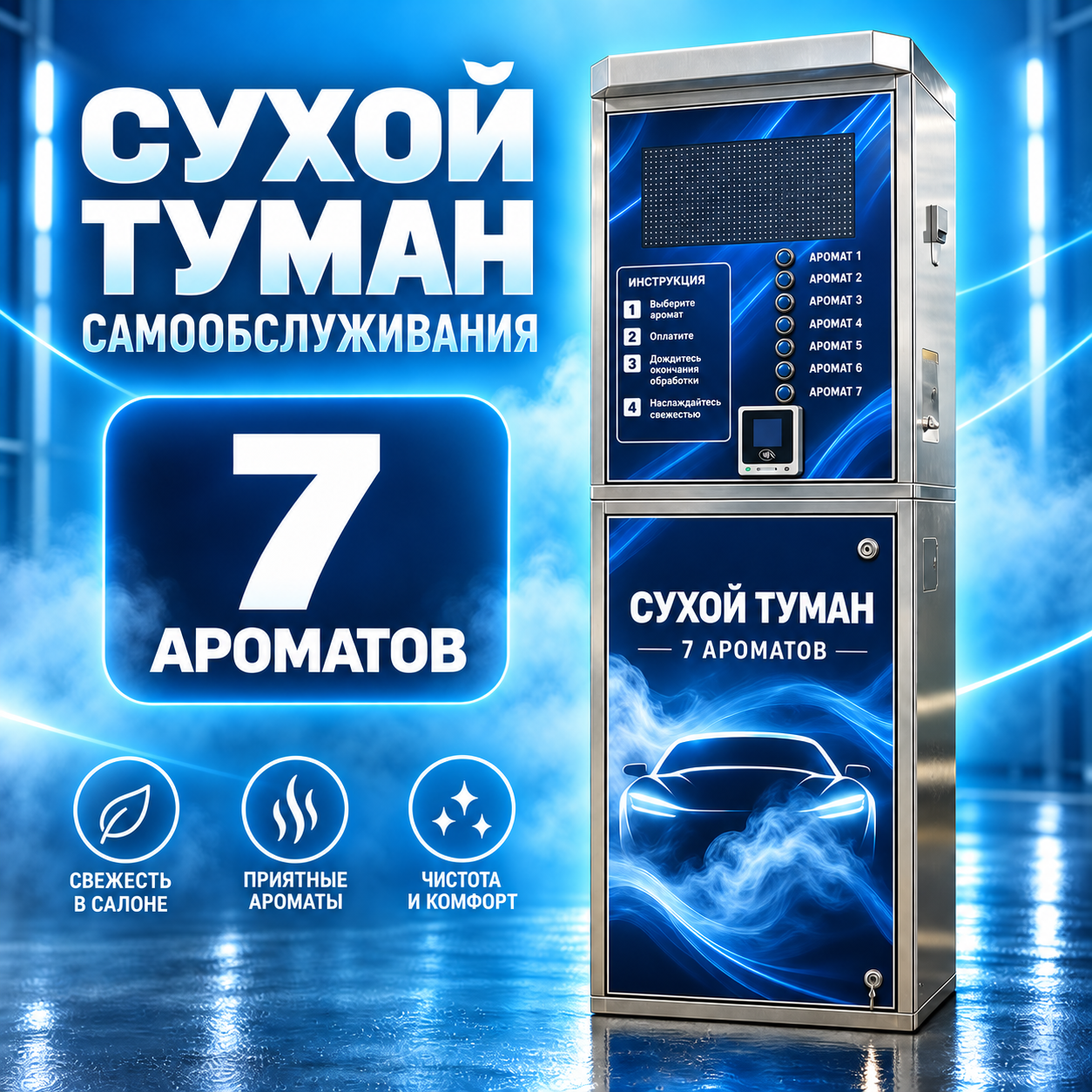 Станция сухого тумана самообслуживания на 7 ароматов: корпус из нержавеющей стали, кнопки выбора аромата, терминал оплаты