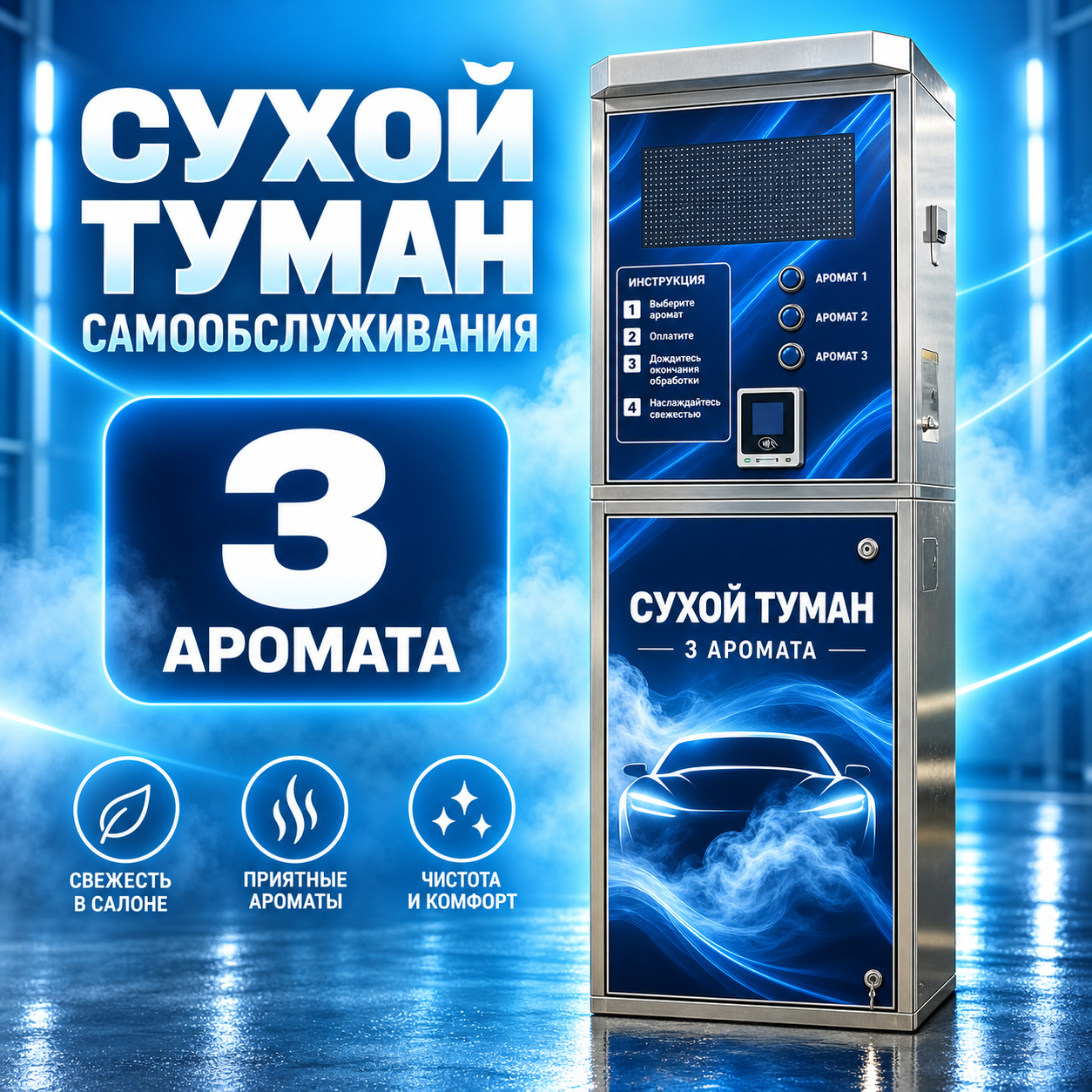 Станция сухого тумана самообслуживания на 3 аромата: корпус из нержавеющей стали, кнопки выбора аромата, терминал оплаты
