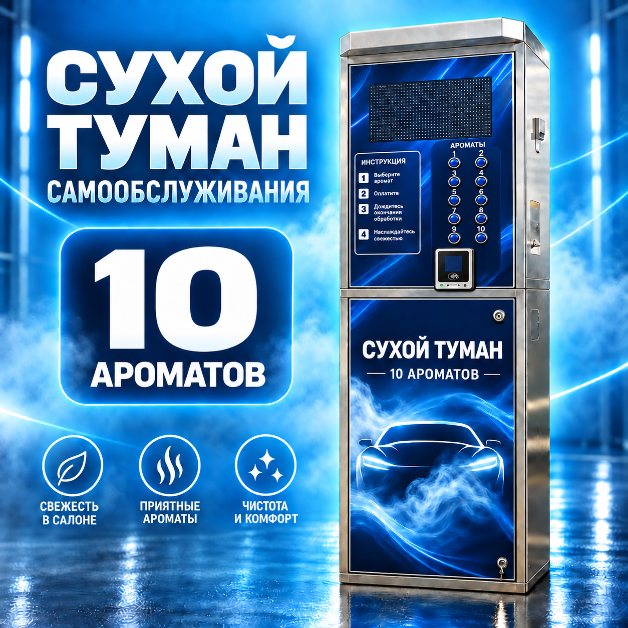 Станция сухого тумана самообслуживания на 10 ароматов: корпус из нержавеющей стали, кнопки выбора аромата, терминал оплаты