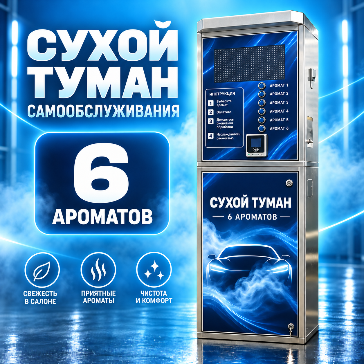 Станция сухого тумана самообслуживания на 6 ароматов: корпус из нержавеющей стали, кнопки выбора аромата, терминал оплаты
