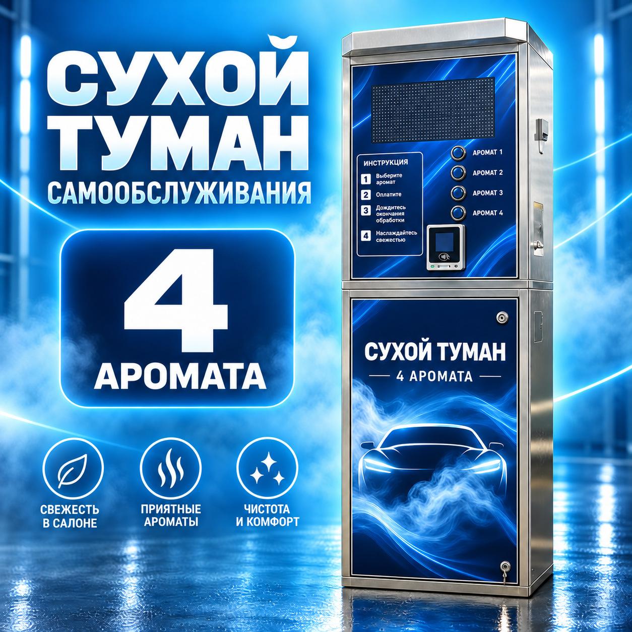 Станция сухого тумана самообслуживания на 4 аромата: корпус из нержавеющей стали, кнопки выбора аромата, терминал оплаты