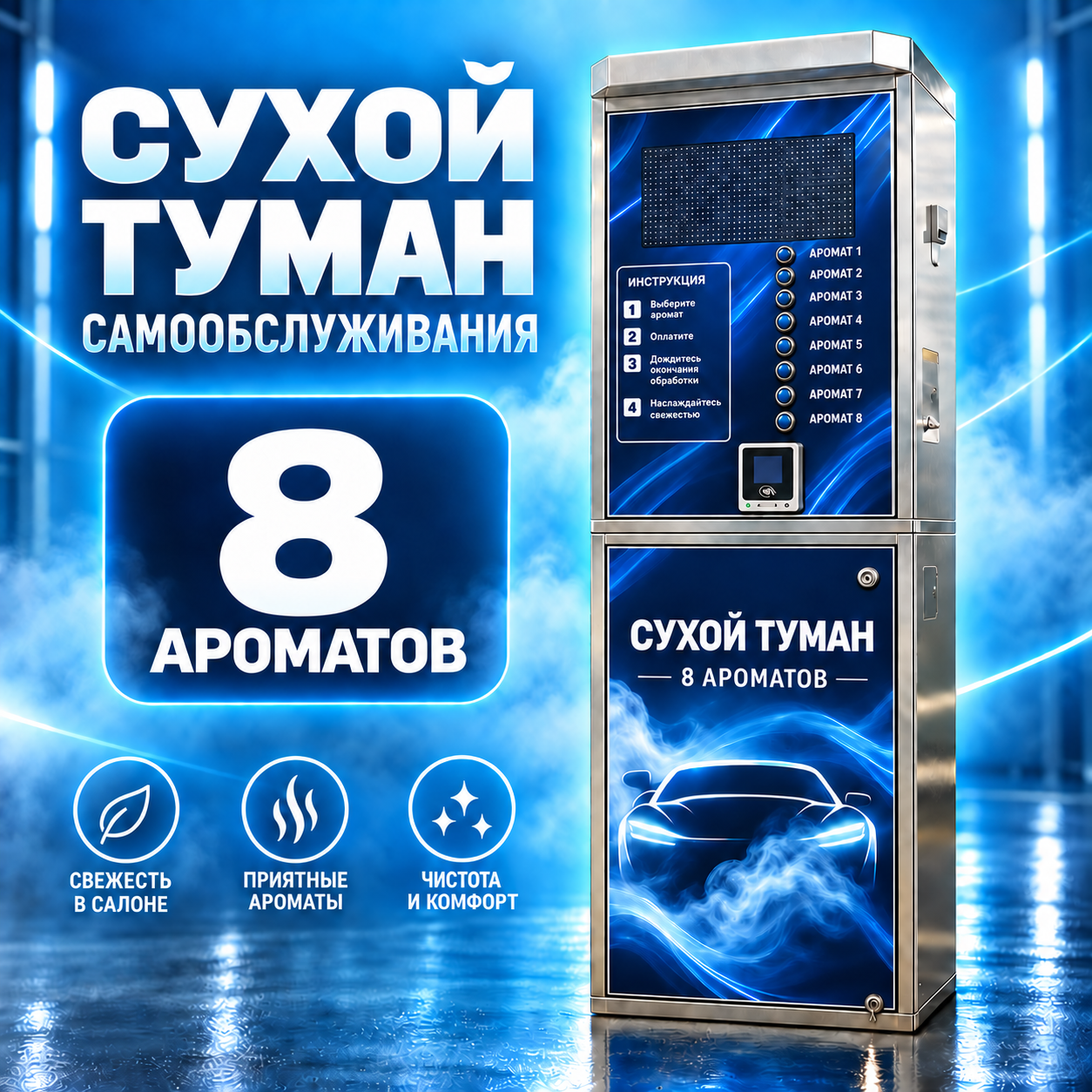 Станция сухого тумана самообслуживания на 8 ароматов: корпус из нержавеющей стали, кнопки выбора аромата, терминал оплаты