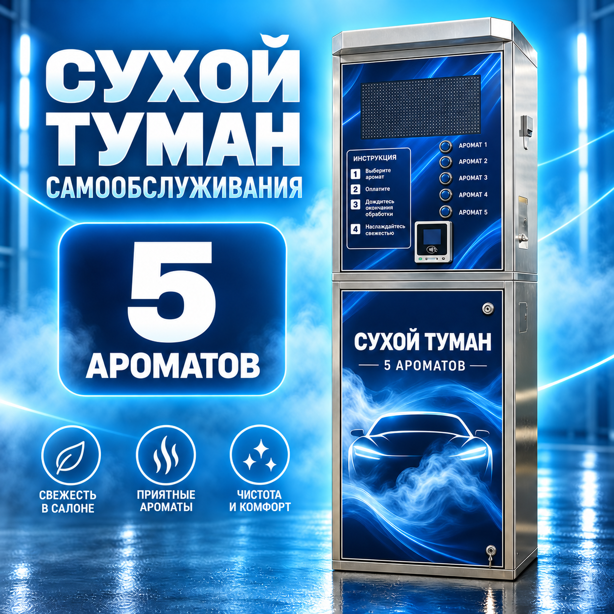 Станция сухого тумана самообслуживания на 5 ароматов: корпус из нержавеющей стали, кнопки выбора аромата, терминал оплаты